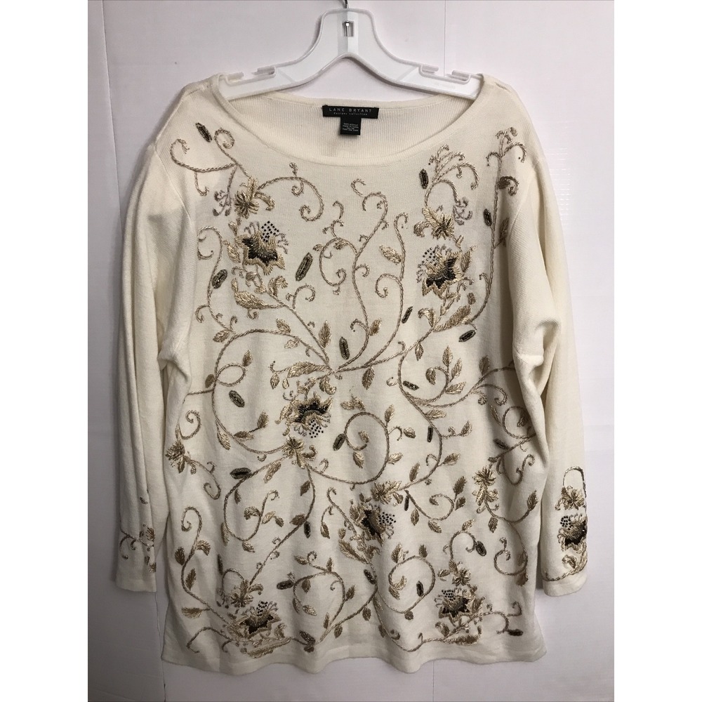 lane bryant 14/16 ivory sweater beaded floral vintage‎ 90's